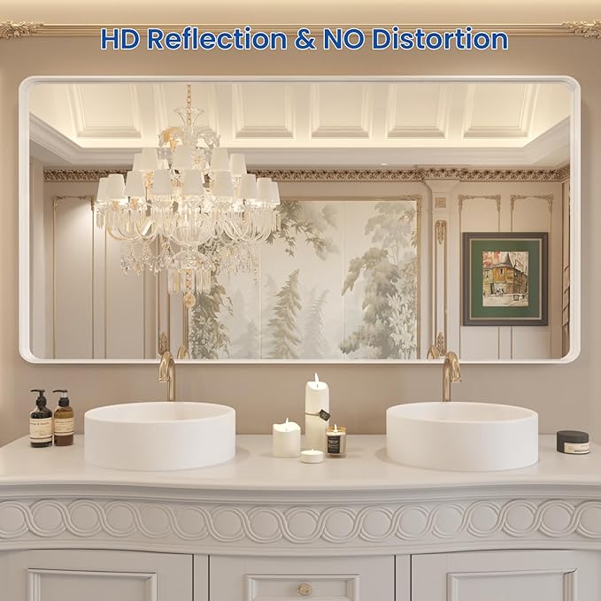 WEER White Bathroom Mirror 60X30 Inch, Rounded Rectangle White Metal Frame Mirror, Matte White Bathroom Vanity Mirror with Tempered Glass, Anti-Rust, Hangs Horizontally or Vertically