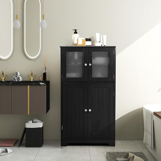 GOFLAME Bathroom Storage Cabinet, Freestanding Storage Cabinet with 4 Doors, Wooden Kitchen Cupboard with Adjustable Shelf, Buffet Sideboard, Multipurpose Home Organizer for Bathroom, Kitchen, Black