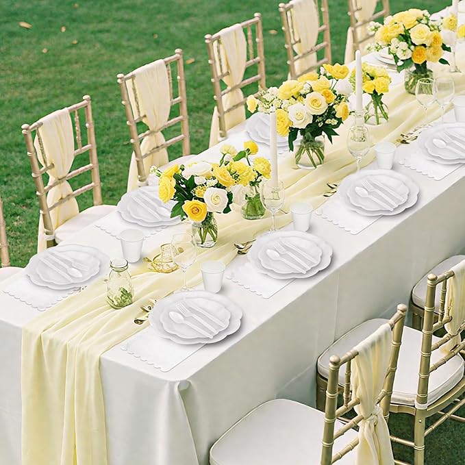 350 Pcs White Party Supplies Include Scalloped Plate Napkin Cup Forks Knives, Plastic Cutlery 50 Guest Disposable Parties Tableware Set for Wedding Baby Shower Bridal Shower Birthday Party