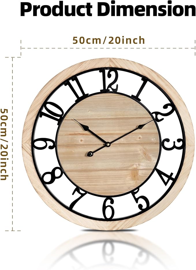 Maxstar 20'' Wall Clock for Living Room Decor, Ultra-Silent Rustic Wooden Farmhouse Wall Clock with Metal & Real Wood Frame, Battery Operated, for Kitchen Bedroom Office, Arabic Numerals