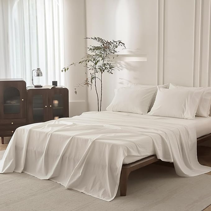 6PS Linen Like Bedding Sheet Sets Off White King Size Cotton Bedding Set Oeko-TEX Standard 100% Washed Cotton Deep Pocket King Size Fitted Sheet Plus Cozy Flat Sheet and 4 Pillowcases
