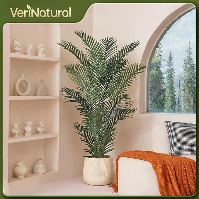 Artificial Palm Tree, 5FT Tall Fake Palm Trees with UV Resistant Leaves, Potted Faux Areca Palm Plant for Indoor Outdoor, Large Floor Plants for Home Living Room Porch Decor, 2Pcs - VN125