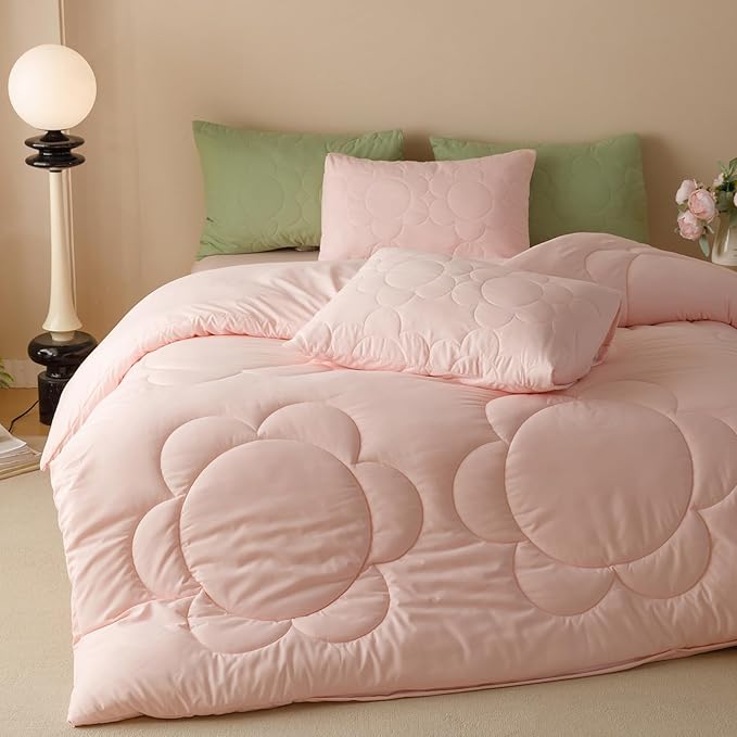 Luxlovery Pink Sunflower Comforter Set Queen Light Pink Quilted Boho Farmhouse Blush Bedding Comforter Set Boho Vintage Soft Breathable Comforter Women Girls