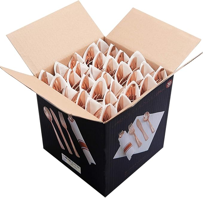 Supernal Set of 30packs,Rose Gold Plastic Silverware, Pre Rolled Napkin with Cutlery, Disposable Silverware with Rose Gold Linen Napkin, Wrapped Plastic Silverware Set Suit for Party,Wedding