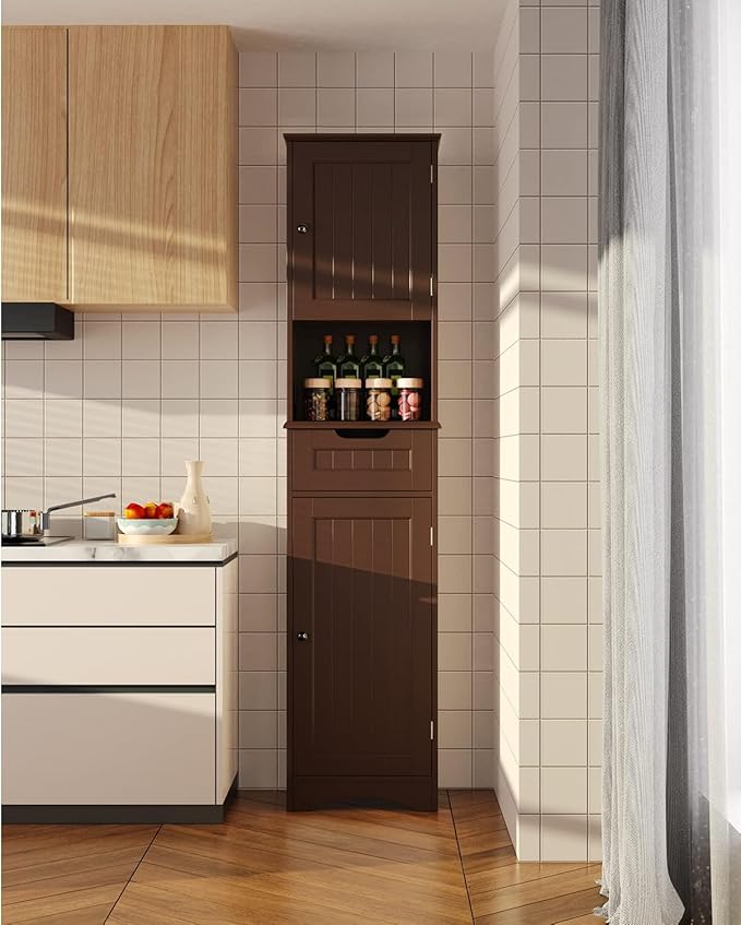 Gizoon 67" H Tall Bathroom Cabinet, Storage Cabinet with 2 Doors & Drawer, Narrow Linen Tower Freestanding Adjustable Shelves for Home, Kitchen, Versatile, Anti-Tipping, Dark Brown