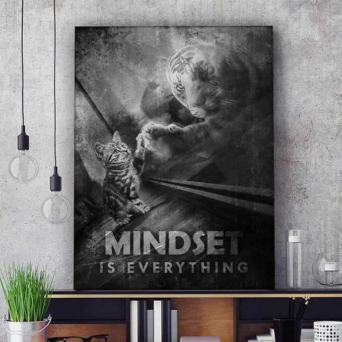 Motivational Wall Art Mindset Is Everything Canvas Print, Office Decor, Inspiring Framed Prints, Inspirational Entrepreneur Quotes for Wall Art Decoration, Tiger Sign (8 x 8 in)