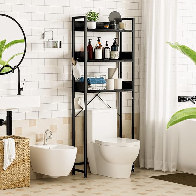 OTK Over-The-Toilet Storage, 3 Tier Bathroom Organizer Shelf, Freestanding Space Saver with Toilet Paper Holder, Multifunctional Over The Toilet Rack, Black