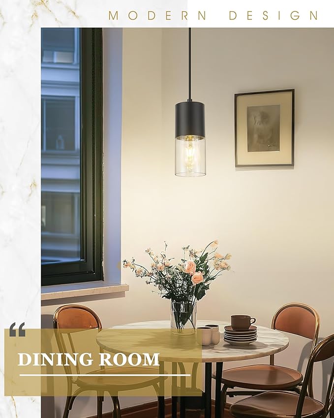 2-Pack Pendant Lights Kitchen Island, Matte Black Hanging Lights Fixtures with Cylinder Clear Glass, Modern Kitchen Pendant Lighting Over Island for Dining Room, AD-24023-1P2-BK