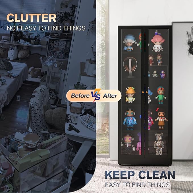 5 Tier Metal Curio Cabinets,Modern Bookcase with Acrylic Door and 4 Adjustable Shelves, 70.87 Inch Tall Storage Display Case, Dust Proof Display Cabinet for Home Office, Living Room