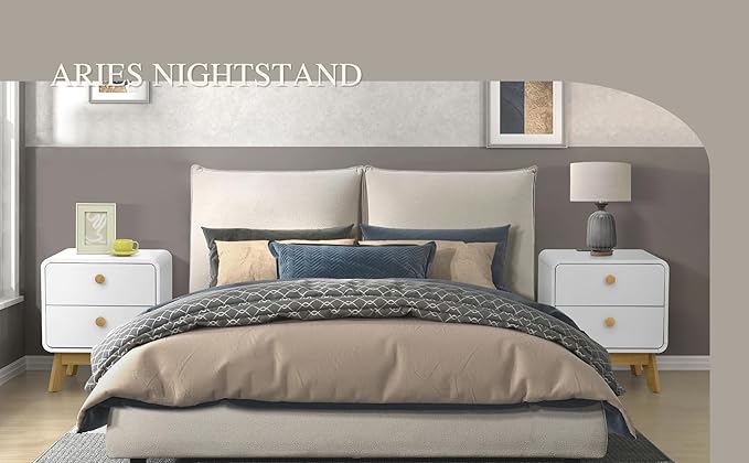 Aries Set of 2 Nightstands with Charging Station, 2 Drawer Bedside Tables with Storage, Night Stands for Bedroom, End Table or Side Table for Living Room, 15.7" x 18.9" x 21.7", White
