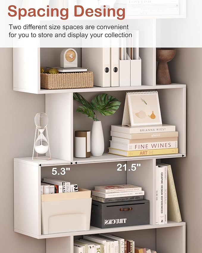 Yusong Bookshelf 5-Tier, Geometric Bookcase S Shaped Book Shelves for Bedroom, Modern Wood Decorative Display Shelf Book Case for Home Office, White