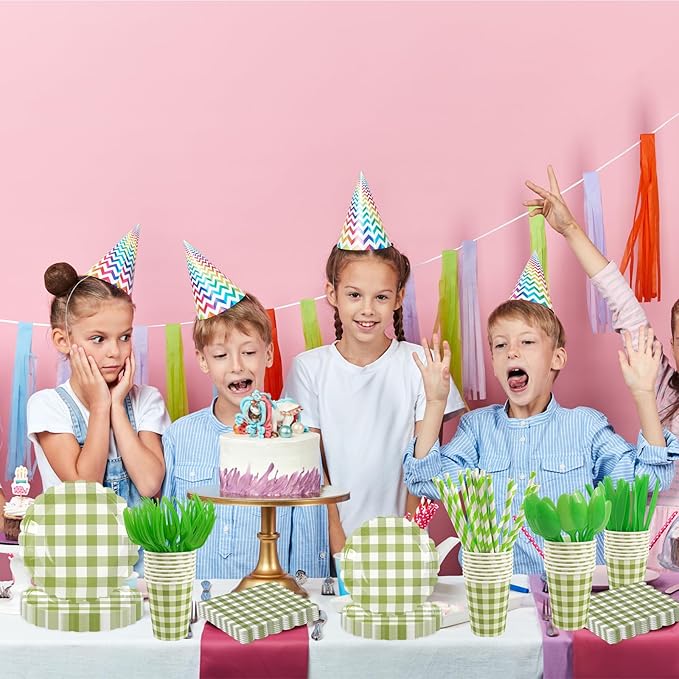 400PCS Sage Green Gingham Party Supplies, Scalloped Disposable Tableware Set Includes Paper Plates Napkins Cups Straws Forks Knives Spoons for Baby Shower Birthday Wedding Decorations, Serve 50