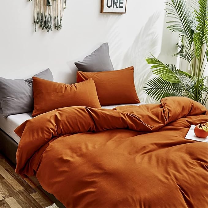 Pureant Queen Size Burnt Orange Comforter Set - 3 Pcs (Comforter, 2 Pillowcases) - Caramel - Modern - Solid - Cotton Blend - 90" x 90" - Machine Washable