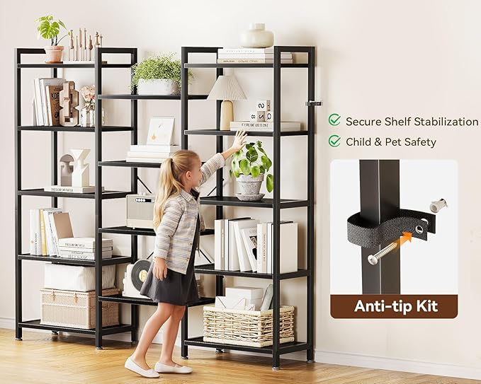 Casaottima Triple 5 Tier Bookshelf, Large Bookcase with 14 Open Display Shelves, Modern Industrial Book Shelves Book Case for Bedroom, Wide Standing Shelving Unit for Living Room Home Office, Black