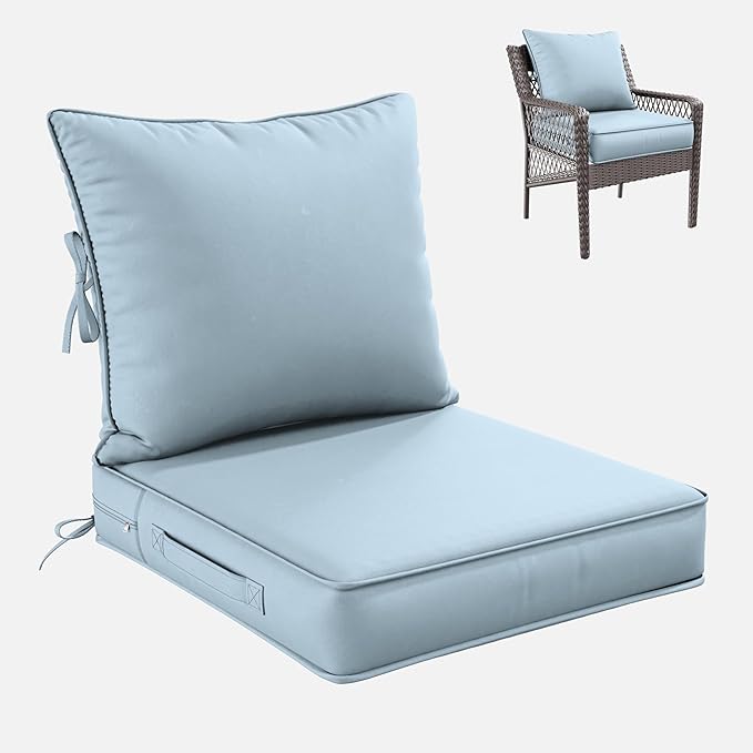 Premium Outdoor Seat Cushion Chair Cushions for Patio Furniture 22 L X 24 W X 4 H Waterproof & Fade Resistant Deep Seat and Backrest Cushion Set with Removable Covers for Chair, Sofa