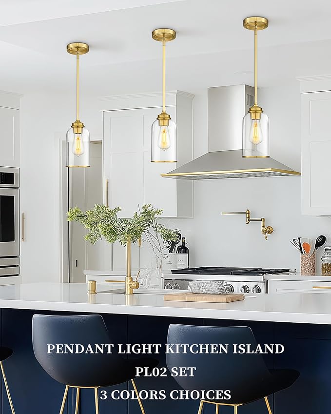 LIROUVET 2 Pack Pendant Lights, Vintage Hanging Lights, Brushed Gold Pendant Lights Kitchen Island with Clear Glass, Pendant Lighting for Dining Room PL02 CLBG-2PK