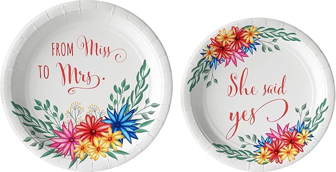 Bridal: From Miss to Mrs (Colorful Floral) Tableware Pack: Disposable Paper Plates, Napkins and Cups Set for 20
