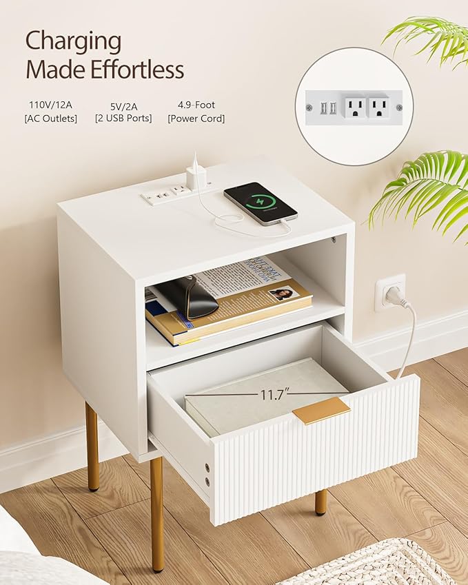 Nightstand with Charging Station,Morden Bedside Table with Gold Frame,Small White Night Stand,End Table,Bedside Furniture,Side Table with Drawer and Shelf for Bedroom,Living Room