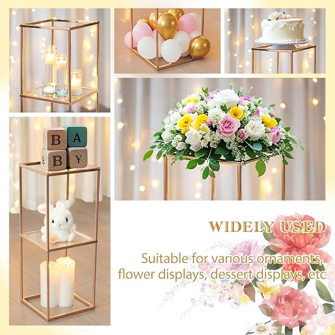 2-Tier Metal Flower Stand Set with Acrylic Shelves, Geometric Display Rack for Wedding Centerpieces, Party Decor, Tall Floor Vase Stand (Gold, 2 Pcs-25)