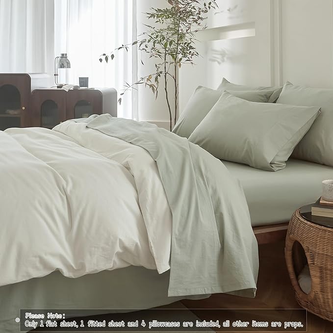 6PS Linen Like Bedding Sheet Sets Sage Green Queen Size Cotton Bedding Set Oeko-TEX Standard 100% Washed Cotton Deep Pocket Queen Size Fitted Sheet Plus Cozy Flat Sheet and 4 Pillowcases