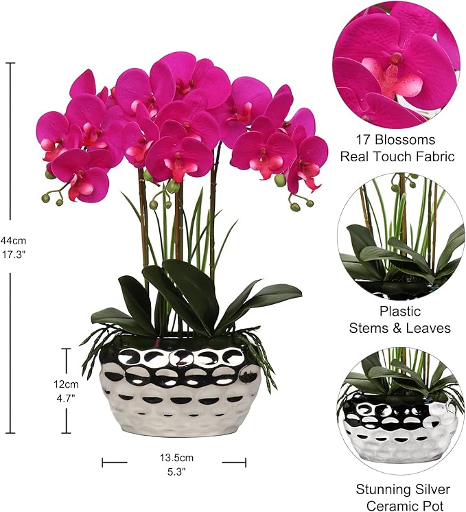Briful Orchids Artificial Flowers 18" Purple Phalaenopsis Orchid with Silver Ceramic Pots Real Touch Faux Orchid Plant for Home Office Bathroom Living Room Wedding Decoration