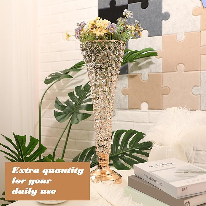 Rtteri 4 Pcs 20 Inch Tall Crystal Vase for Centerpieces Wedding Metal Crystal Trumpet Flower Vase Stand for Table Floor Wedding Party Favor Banquet Celebration, Classic Elegance(Gold)