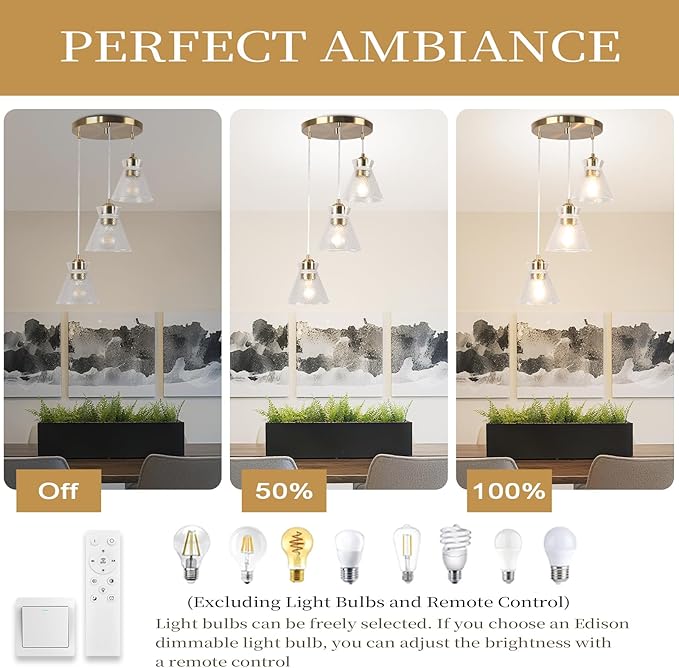 Industrial Farmhouse 3 Pendant Chandelier Light with Handblown Seeded Glass Shade Gold Brushed Nickel Hanging Light for Kitchen Island Dining Room Living Room,Foyer,Stairway