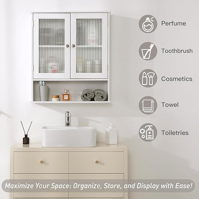 LITA Bathroom Wall Cabinet with Glass Doors, Medicine Cabinet with Adjustable Shelves, Space Saver Over Toilet Storage Cabinet for Bathroom, Living Room, Kitchen, White