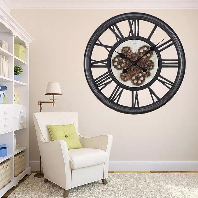 20 Inch Retro Black Wall Clock, Silent Non-Ticking Battery Operated Round Vintage Clock with Moving Gears,Decorative Living Room, Kitchen, Bedroom Decor