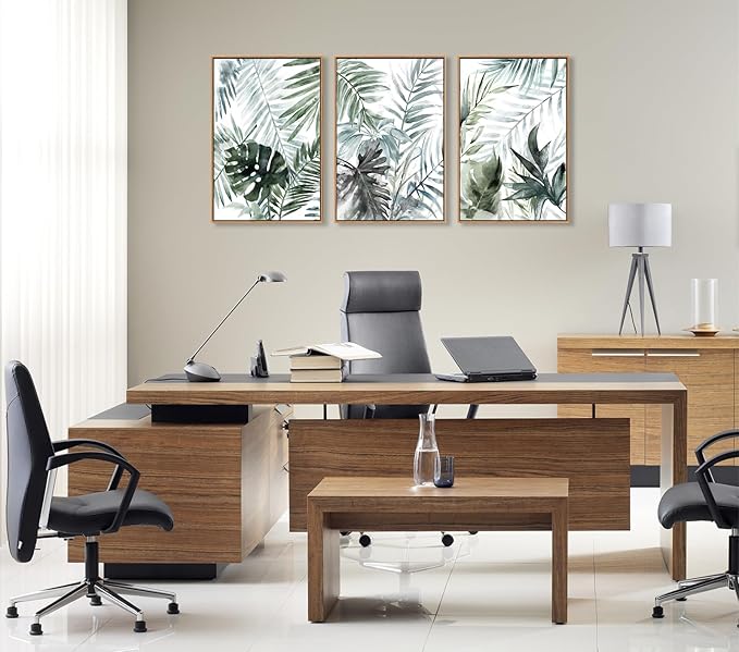Large Framed Canvas Wall Art - Natural Float Framed Tropic Leaf Pictures Wall Art Prints for Living Room Decor Green Plants Artwork for Bedroom Kitchen Home Office Decoration 48" X 24" Set of 3