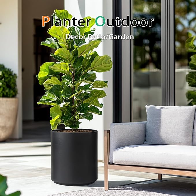 Round Planter Outdoor Indoor, Large Plant Pots for Porch, Patio, Backyard, Modern Decor for Tall Plants, Flowers (Black, 16 inch - 2 Pack)