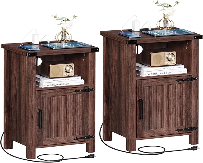 Night Stand Set of 2, 18 Inch Farmhouse Nightstand with with Charging Station and USB Port, Rustic Wood Bedside Table with Magnetic Door, Bed Side Tables for Bedroom, Brown Walnut