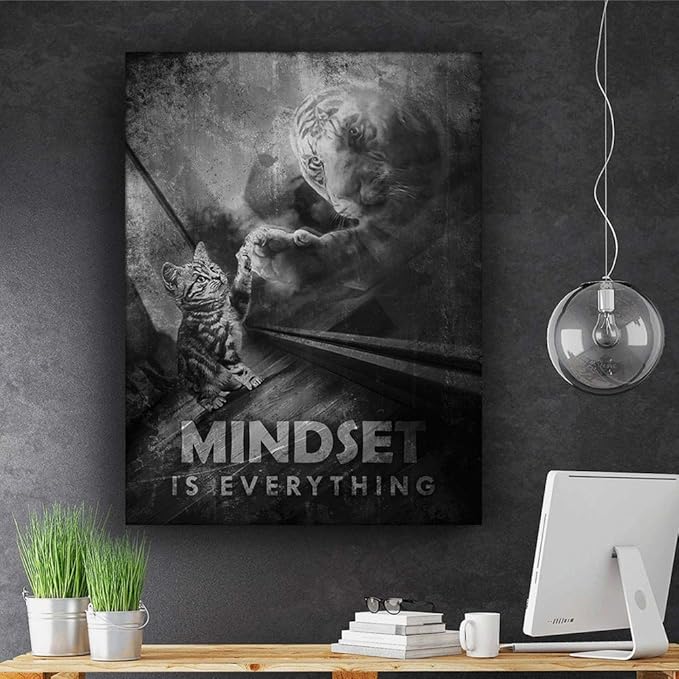 Motivational Wall Art Mindset Is Everything Canvas Print, Office Decor, Inspiring Framed Prints, Inspirational Entrepreneur Quotes for Wall Art Decoration, Tiger Sign (8 x 8 in)