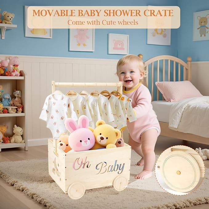 Wooden Baby Shower Crate Closet, Baby Shower Gifts Basket for Newborn Boys Girls, Personalized Babyshower Crate Box with Handle & Wheels, Pregnancy Gifts for New Mom Parents
