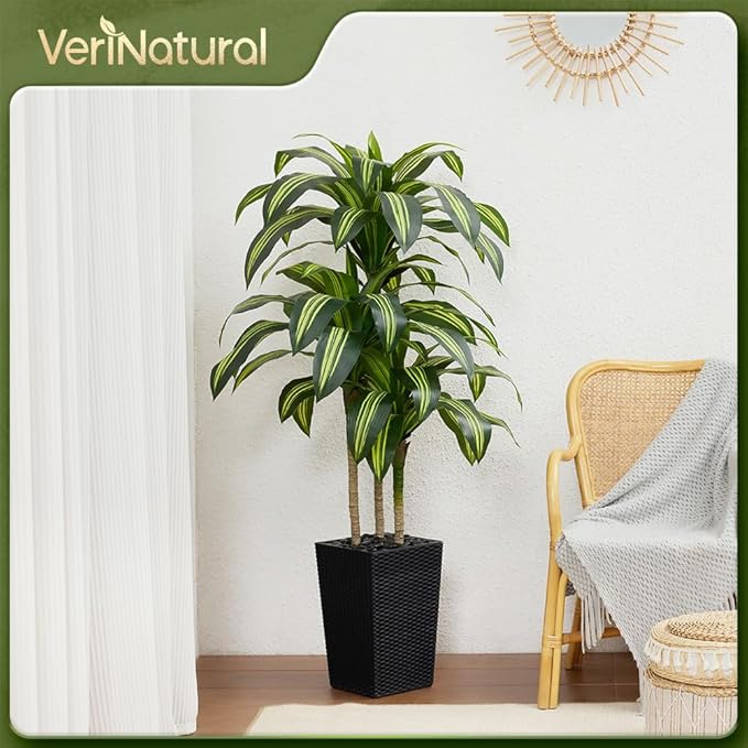 Artificial Dracaena Tree 5FT - UV Resistant Faux Tree with Large Taper Planter & Pebbles - Tall Fake Plants Indoor & Outdoor, Potted Floor Plant for Home Living Room Porch Decor, VN127