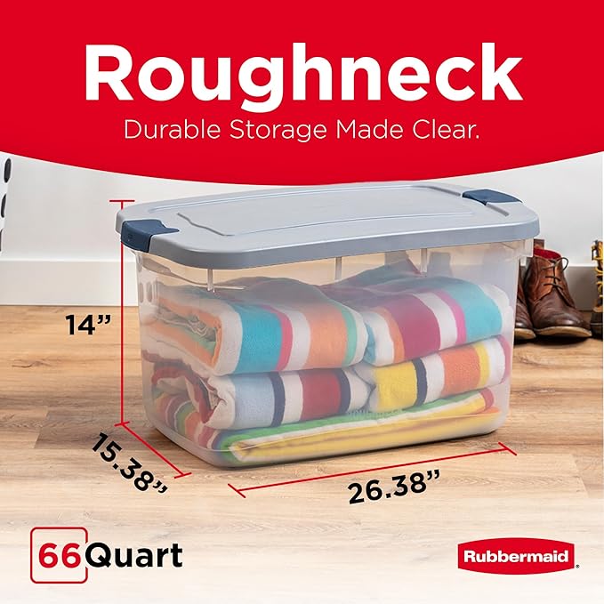 Rubbermaid Roughneck Clear 66 Qt/16.5 Gal Storage Containers, Pack of 4 with Latching Grey Lids, Visible Base, Sturdy and Stackable, Great for Storage and Organization