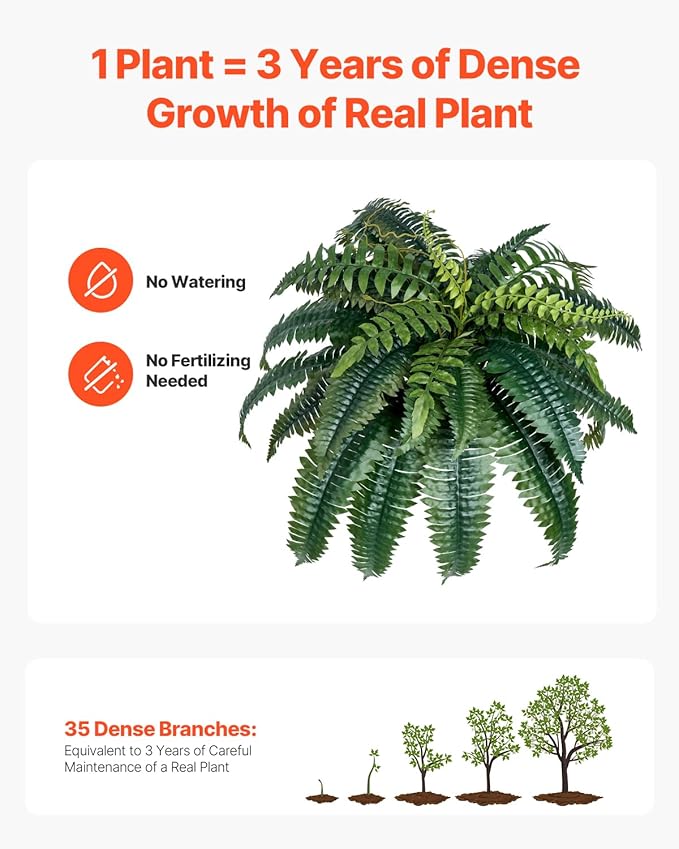 VEVOR Fake Ferns 2 Pcs, 39 Inch Artificial Boston Ferns Plants, Faux Fern with 35 Branches, Artificial Plants Large for Outdoors/Indoor Home, Office,Garden (Flowerpot Unincluded)