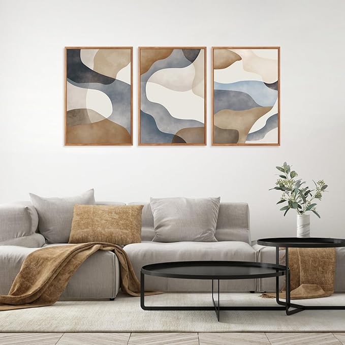 Large Abstract Watercolor Block Framed Canvas Wall Art,Colorful Neutral Geometric Wall Decor,Beige Blue and Brown Artwork,Modern Minimalist Line Art Print for Living Room,Bedroom-24 x36 x3