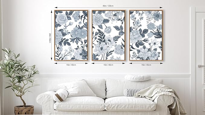 Large Framed Canvas Wall Art - Natural Float Framed Rustic Grey White Flowers Pictures Decor Gray Blue Leaves Artwork Prints for Bedroom Living Room Kitchen Home Office Decoration 48" X 24" Set of 3