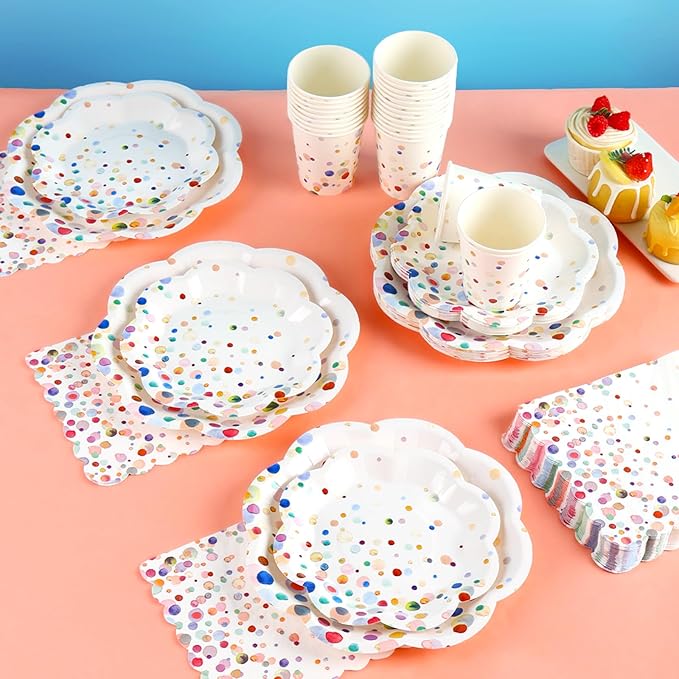 200PCS Confetti Plates Disposable Tableware Set - 50 Large & Small Colorful Polka Dot Plates, 50 Paper Cups, 50 Napkins - Perfect for Birthday Parties