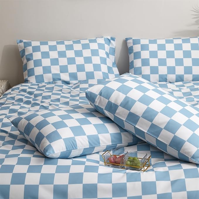 Pureant Blue and White Plaid Comforter Set Queen Blue Checkerboard Grid Bedding Comforter Sets Blue Buffalo Grid Queen Comforter for Women Men Soft Checkered Geomertic Queen Size Comforter Sets