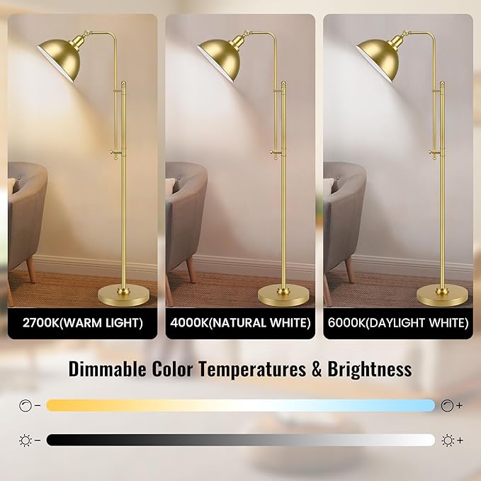 PARTPHONER Industrial Floor Lamp Adjustable, Rustic Farmhouse Reading Lamp in Aged Gold Finish, Modern Standing Lamp with Remote Control Metal Shade for Living Room Bedroom Study Room Office Hotel