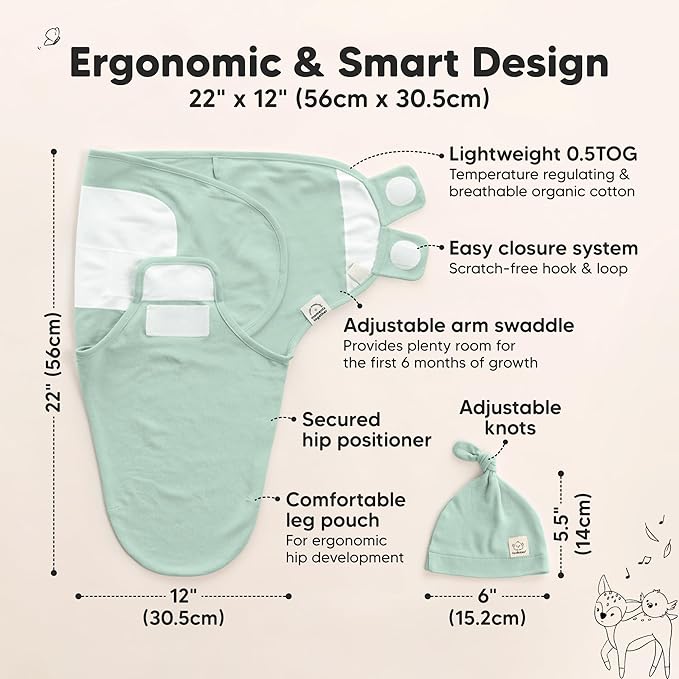 KeaBabies 3-Pack Swaddles for Newborns, Girls, Boys with Hats - Organic Soft Baby Sleep Sacks, Breathable Baby Swaddle 3-6 Months Beanies Set, Premie Infant Sleep Sack 0-3 Months (Sage)