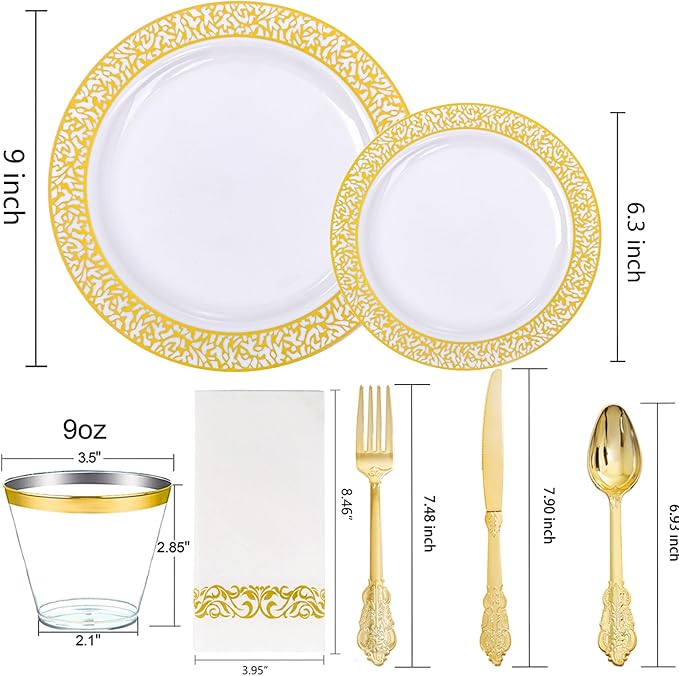 Festiva 350PCS Gold Plastic Dinnerware Set - Disposable Lace Gold Plates and Napkins Party Supplies - include plates,napkins,cups,silverware - Serve for 50 guests Party&Wedding&Easter