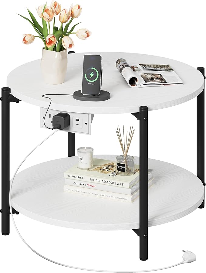 LIKIMIO Round End Table with Charging Station, 23.6" W Wooden Side Table with 2-Tier Storage, Modern Nightstand for Small Spaces, Living Room, Bedroom, White