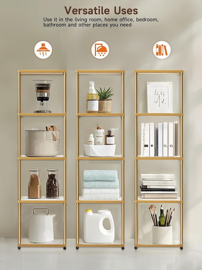 MANBUR Display Shelf with Dimmable LED Floor Lamp, Display Cabinet with Glass Bookcase, Home Decor, Bedroom Decor, Bookshelf with Light, Open Book Shelf with 5-Tier Shelf for Living Room Decor Gold