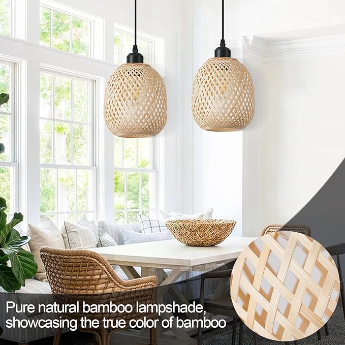 TERLEENART Hanging Light Fixture Set of 2, Mid Century Bohemian Rattan Bamboo Pendant Lighting,Torus Basket Woven Ceiling Chandelier for Kitchen Island Dinning Room Living Room Bedroom Nightstand