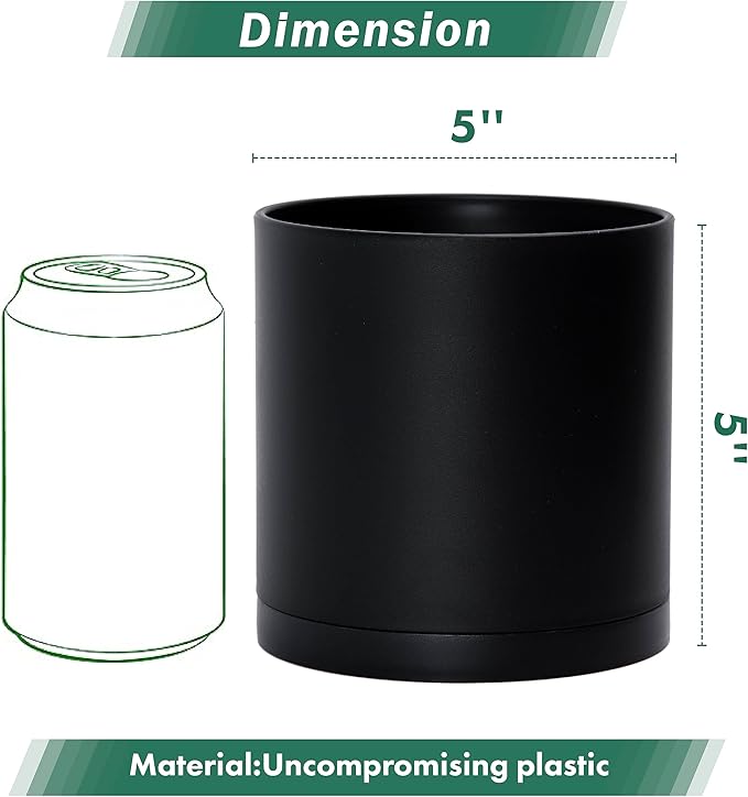D'vine Dev 2 Pack 5 Inch Modern Plastic Plant Pots, Small Garden Planters for Plant with Drainage Holes and Saucers, Black Color, 74-Y-G-1