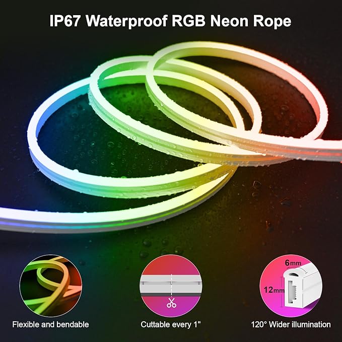 Neon Rope Lights - 16.4Ft Flexible LED Rope Lights,24V RGB Rope Lights Control with App/Remote Multiple Modes,DIY Design, IP65 Waterproof Strip Lights for Bedroom Room Outdoors Decor
