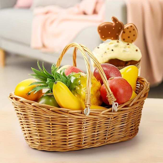 Wesiti 6 Pcs Wicker Picnic Basket with Handle, Hand Woven Harvest Basket Bulk, Wicker Flower Hoppet for Storage, Picnics, Easter, Organizing, Egg Gathering, Candy, Wedding(Light Brown)